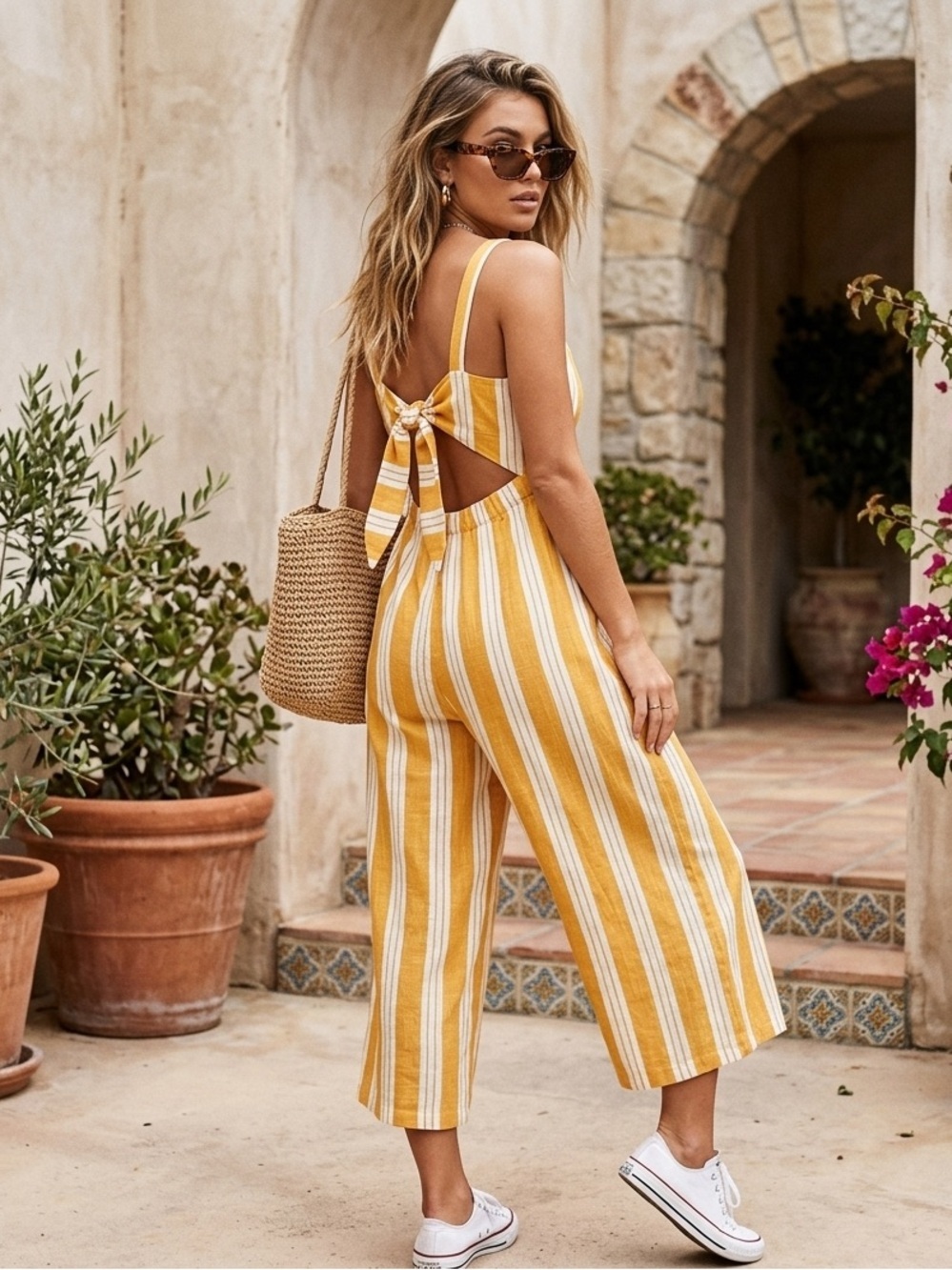 NWT Kendall & Kylie Yellow-White Striped Tie-Back Cropped Jumpsuit